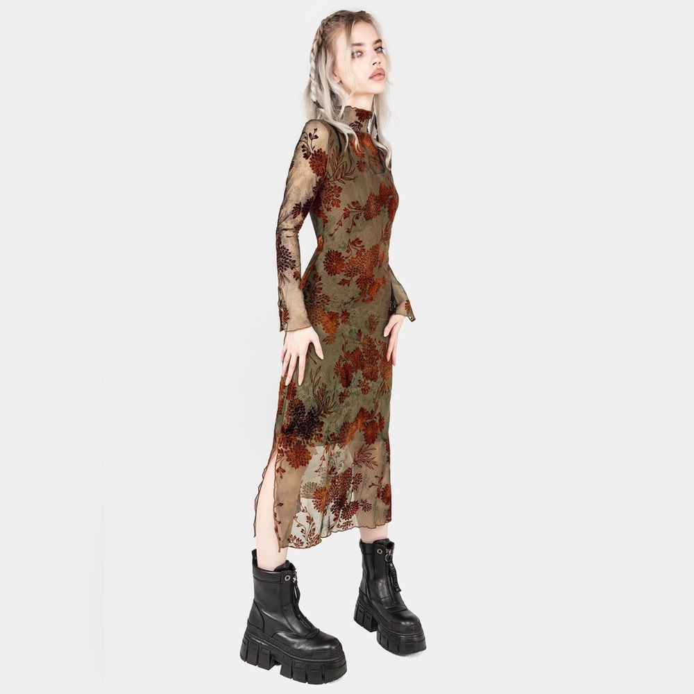 Disturbia Rosaleigh Flock Velour Mesh Midaxi Dress US 8 / UK 12